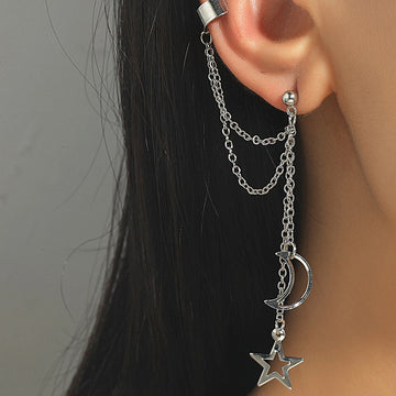 Bohemia Gold Color Chain Moon Star Tassel Earring for Woman Fashion Silver Color Chain Moon Star Ear Clip Young Girl Boy Jewelry